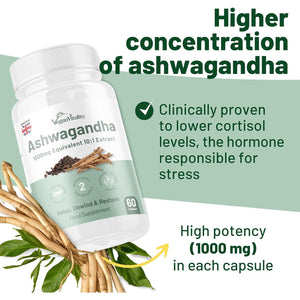 Ashwagandha High Strength 1000Mg, Cortisol Reducing Supplement, Organic Ashwagandha Capsules with Black Pepper to Reduce Stress Hormones and Fatigue
