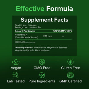 Huperzine a 225Mcg, 90 Caps – Memory & Cognitive Support – Pure Ingredients, GMO & Gluten Free – GMP Certified Nootropic Supplement by Raw Powders