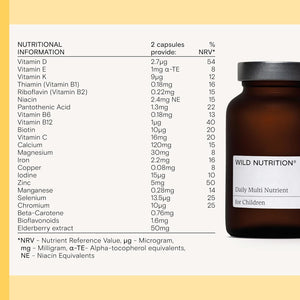 WILD NUTRITION Food-Grown® Kids Daily Multi Nutrient | Kids Multivitamin with B Vitamins, Magnesium, Zinc, Vitamin D, and More to Support Immunity, Bones, and Cognitive Development | 60 Capsules