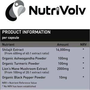 Nutrivolv Shilajit Complex 16,000Mg – 120 Capsules | 60% Fulvic Acid | Himalayan Shilajit with Ashwagandha, Lion’S Mane, Turmeric & Black Pepper | Energy, Testosterone & Brain Support