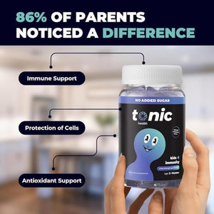 Tonic Health Kids Immunity Gummies - 7 in 1, Elderberry Gummies, No Added Sugar, No Sweeteners, Vitamins C, D and Zinc, Wild Berry Flavour, Month Supply (60 Count), Ages 3-12, Vegan.