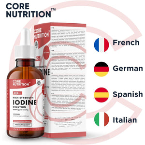 Iodine Liquid Drops - Vegan - High Strength 600Mcg per Serving - 400 Servings - 240,000Mcg per 60Ml Dropper Bottle - Liquid Iodine Solution for Fast Absorption - Made in UK by Core Nutrition