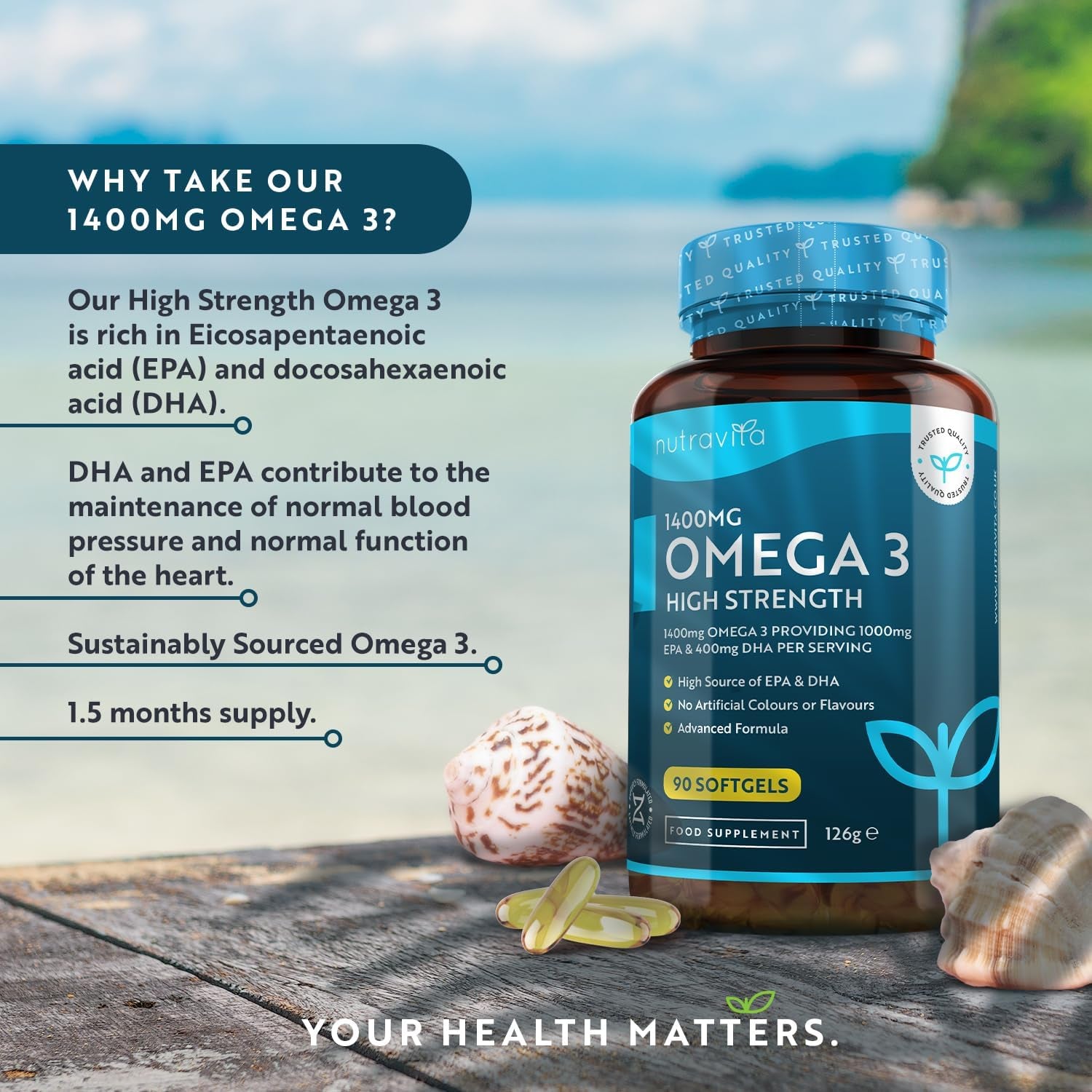 Highest Strength Omega 3 Fish Oil 2000Mg - Providing 1000Mg EPA & 400Mg DHA per Serving - Sustainably Sourced & Contaminant Free - Made in the UK by Nutravita