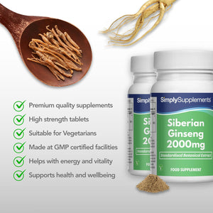 Siberian Ginseng Tablets | Supports Mental Performance & Reduces Fatigue | Suitable for Vegans and Vegetarians | 360 Tablets = 6 Months’ Supply | Made in the UK in Accordance with GMP Standards