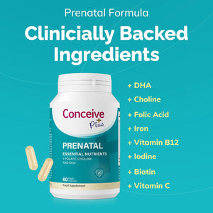CONCEIVE plus Prenatal Vitamins for Women - Multivitamin with DHA, Choline, Folate, Non GMO Pregnancy Supplement | 30 Day Supply, Pre Conception Vitamin, Fertility Booster, Help Get Pregnant | 60 Caps