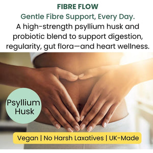 Psyllium Husk Fibre Flow Supplement with Probiotics | 120 Vegan Capsules | Daily Gut, Digestive & Heart Health Support | Natural Stool Fibre Boost HERA Vitality