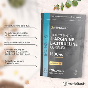 L Arginine and L Citrulline 1500Mg Capsules | 120 Count | Amino Acids | Supplements for Men and Women | Suitable for Vegans & Vegeterians | by Horbaach