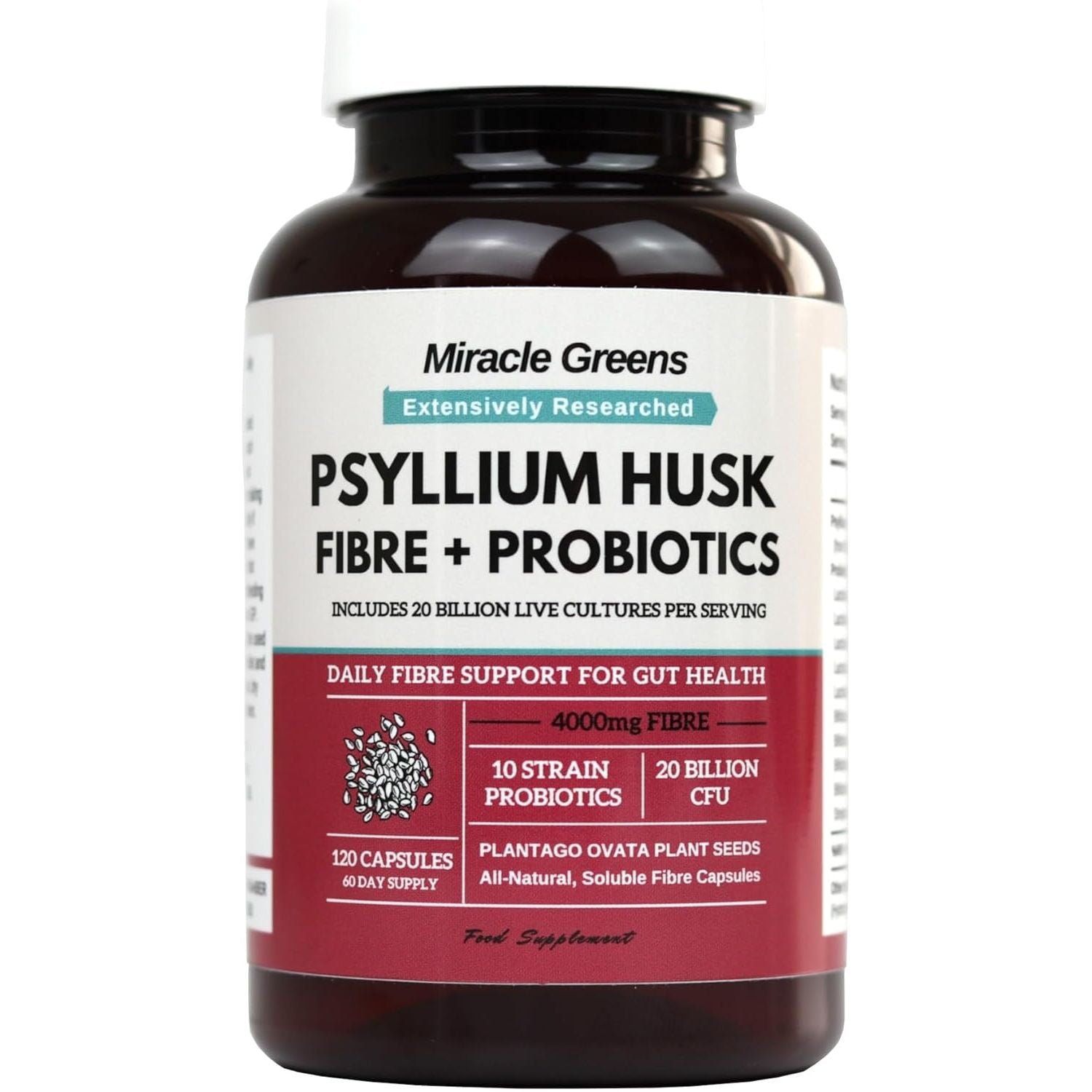 Powerful 4000Mg Psyllium Husk Fibre with Probiotics – 20 Billion CFU with 10 Strains – Natural Easy to Absorb Fibre from Plantago Ovata Seeds - 120 Capsules to Promote Regularity & Digestive Health