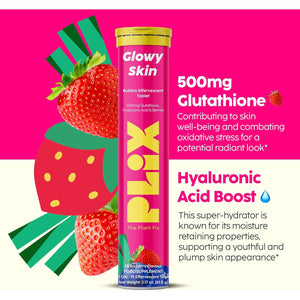 PLIX Glowy Skin 500Mg Glutathione Supplement with Hyaluronic Acid, Vitamin C, E & Berries | 30 Effervescent Tablets, Strawberry Flavor