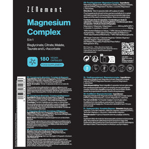 Magnesium Complex, 5 in 1 - Bisglycinate, Citrate, Malate, Taurate & L-Ascorbate - High Bioavailability and Tolerance, No Magnesium Oxide - 360 Mg per Serving - 180 Capsules - Zenement