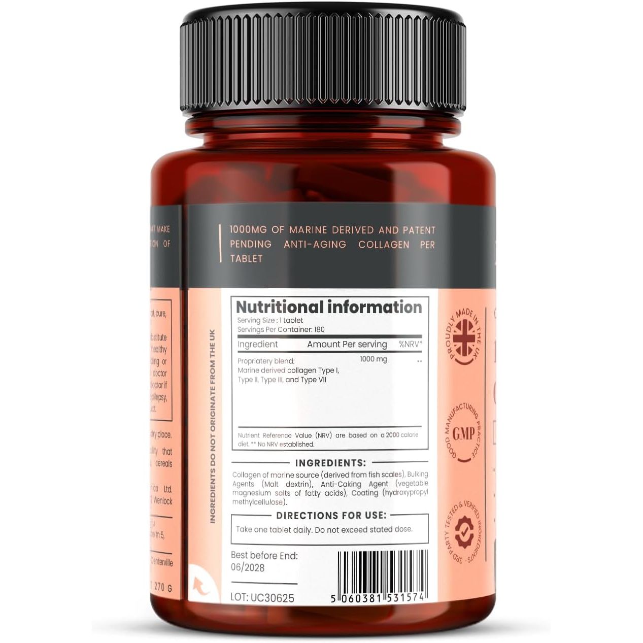 Ultracoll Marine Collagen 1000Mg X 180 Tablets (6 Months Supply). the Only Patented Anti-Aging Collagen Types I, II, III, and VII.