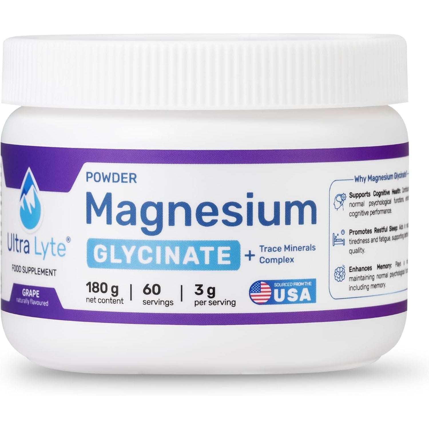 Ultra Lyte Magnesium Glycinate Powder with Trace Minerals 180G – Vegan & Gluten-Free Flavoured Magnesium Supplement – for Sleep Aid, Stress Relief & Muscle Relaxation – 60 Servings (180G, Grape)