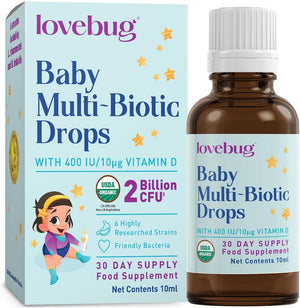 Lovebug Award Winning USDA Organic Multi Biotics for Infants & Babies | Multi-Strain 5 Billion CFU | Liquid Drops| with Added Vitamin D| | Ages 0-24 Months