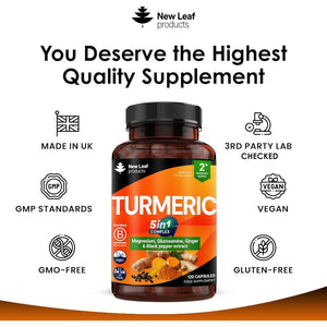 Turmeric 5-In-1 Complex - 5000Mg Turmeric Capsules High Strength Enriched with Magnesium & Glucosamine Sulphate - Added Ginger Capsules + Black Pepper, 95% Curcumin Supplement - Vegan Supplement