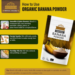 AUSHA Organic Banana Powder 250G | Gut Health, Gluten Free, Fibre, Energy, Endurance | Baking, Protein Shakes, Porridge - Certified Organic by Soil Association