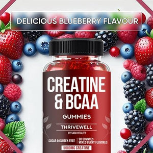 Creatine Monohydrate Gummies 5000Mg with 1000Mg Bcaas | Vegan & Sugar Free | 90 Premium Gummies | Mixed Berry Flavour | Health Candy Supplement