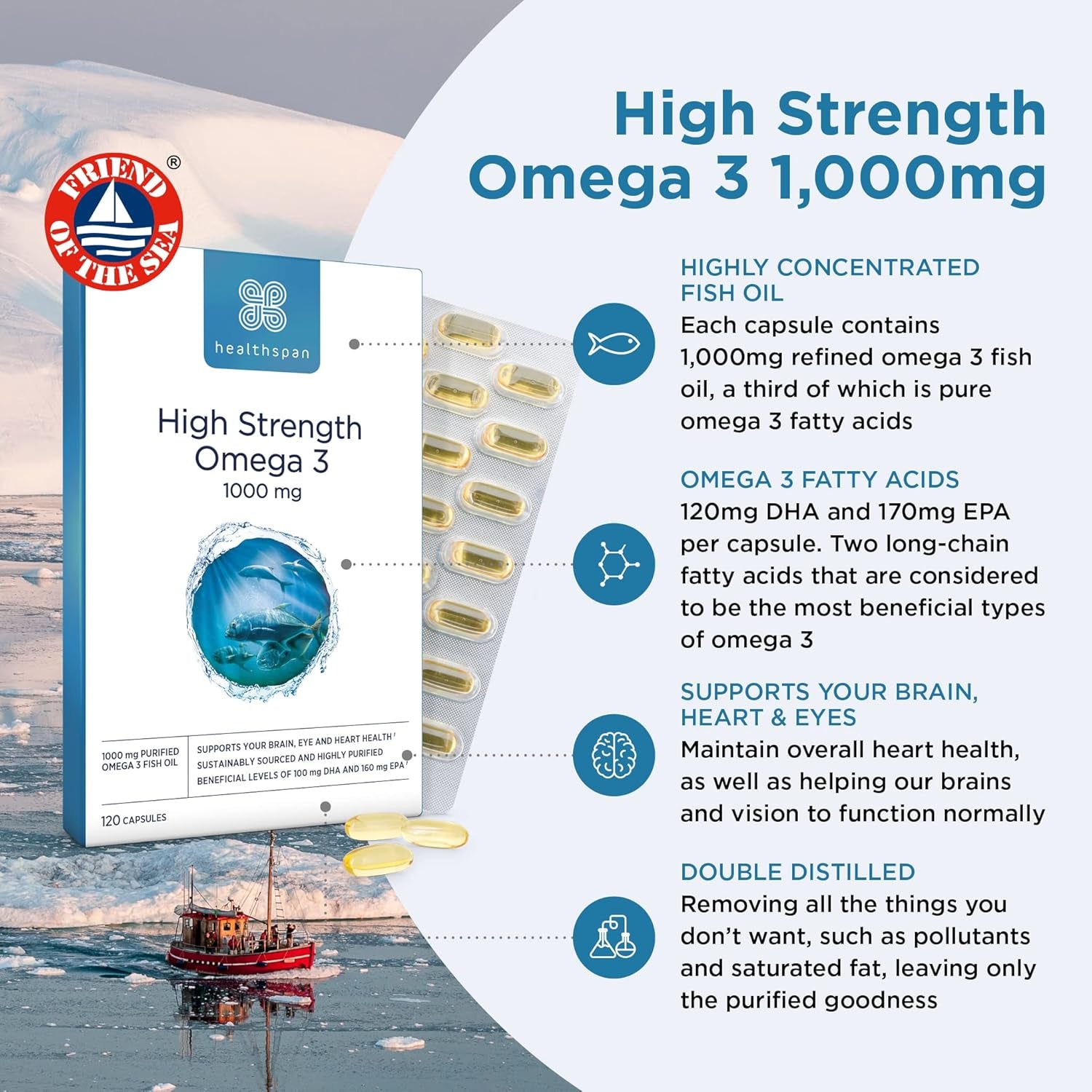 Healthspan High Strength Omega 3 1,000Mg (120 Capsules) | Supports Brain, Eye & Heart Health | 120Mg DHA & 170Mg EPA per Capsule | Highly Purified to Remove Toxins | Sustainably Sourced Fish Oil