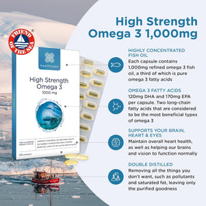 Healthspan High Strength Omega 3 1,000Mg (120 Capsules) | Supports Brain, Eye & Heart Health | 120Mg DHA & 170Mg EPA per Capsule | Highly Purified to Remove Toxins | Sustainably Sourced Fish Oil