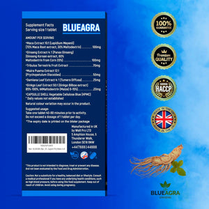 Blueagra Ginseng Tablets for Men – 20 Count | 100 Mg per Tablet | Natural Vitality & Stamina Support | Mineral Complex | Fast Acting | Made in UK