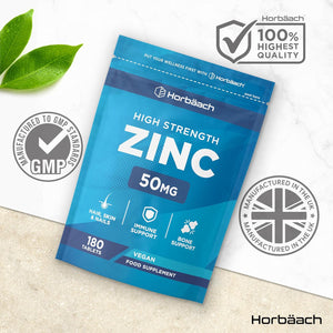 Zinc Supplement 50Mg | High Strength Zinc Tablets - 500% NRV | 180 Vegan Tablets | Immune Support Supplement | by Horbaach