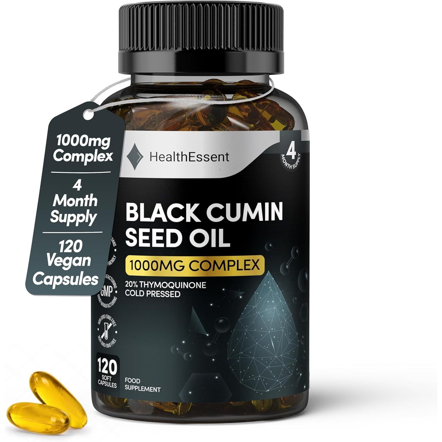 Black Seed Oil Capsule 1000Mg, Cold Pressed 20Mg Thymoquinone, High Strength Black Cumin Seed Oil for Blood Sugar and Cholesterol - Natural Anti-Inflammatory Antioxidant (4 Month Supply)–120 Softgels