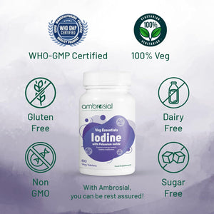 Ambrosial Iodine Supplement 5000Mcg with 7500 Mcg Potassium Iodide| High Strength Iodine Tablets | Natural Source of Iodine from Potassium Supplements & Iodide Tablets (Pack of 1-60 Tablets)