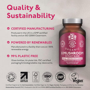 Organic Mushroom Complex 8 | Pure Fruiting Body Extracts Zero Additives | High Strength 30% Extract of Lion'S Mane, Reishi, Cordyceps, Chaga, Shiitake, Tremella, Maitake & Oyster | 60 Vegan Capsules