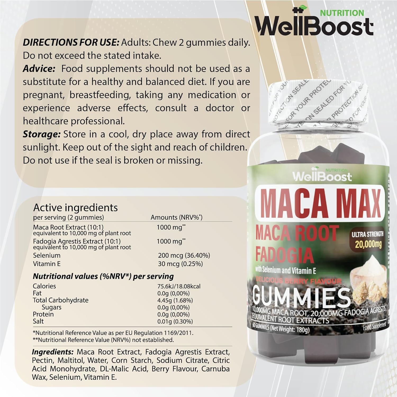 Wellboost Maca MAX -Ultra Strength (6,000Mg Equivalent Extracts) Maca Root, Fadogia Root, Selenium, VIT E, 60 Chewable Gummies for Adults - Strawberry Flavoured, Suitable for Vegans.