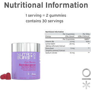 Nutriburst - Fembalance Hormone Balance for Women - Vitamin B6, Lemon Balm + Dong Quai - Regulate Hormones, Support Nervous System + Reduce Tiredness - 60 Gummies 1 Month Supply - Suitable for Vegans