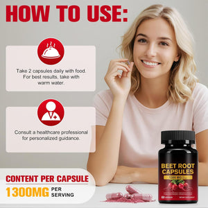 Beetroot Capsules 1300Mg, Beetroot Powder for Endurance Support & Energy, Vegan Beet Root Supplement (60 Capsules, 30-Day Supply)
