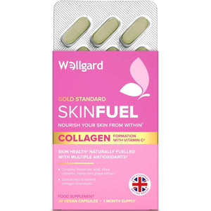 Wellgard Skin Fuel - Hyaluronic Acid, Bamboo Silica, Vitamin C, Zinc, Collagen Support, Vitamins for Skin, Vegan, 30 Capsules
