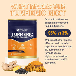 Turmeric Tablets 5400Mg with Black Pepper, Ginger - High Strength Turmeric 95% Curcumin Supplements | 150 Easy Swallow Tablets (Not Capsules or Powder) - Letterbox Friendly - Made in UK - Prowise