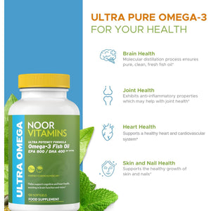 Halal Fish Oil, Halal Vitamins, Fish Oil Halal by Noor Vitamins, Ultra Omega 3 Wild Peruvian Fish Oil (800 Mg EPA & 400 Mg DHA) Heart, Brain & Joint Support, Non-Gmo & Gluten Free (120 Count)