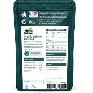 Green Origins Organic Super Mushroom Mocha Latte Blend with Lion'S Mane, Coffee & Cacao for Energy & Focus |10 Servings, 100G | Vegan, Dairy Free, Gluten Free, Kosher, No Added Sugar