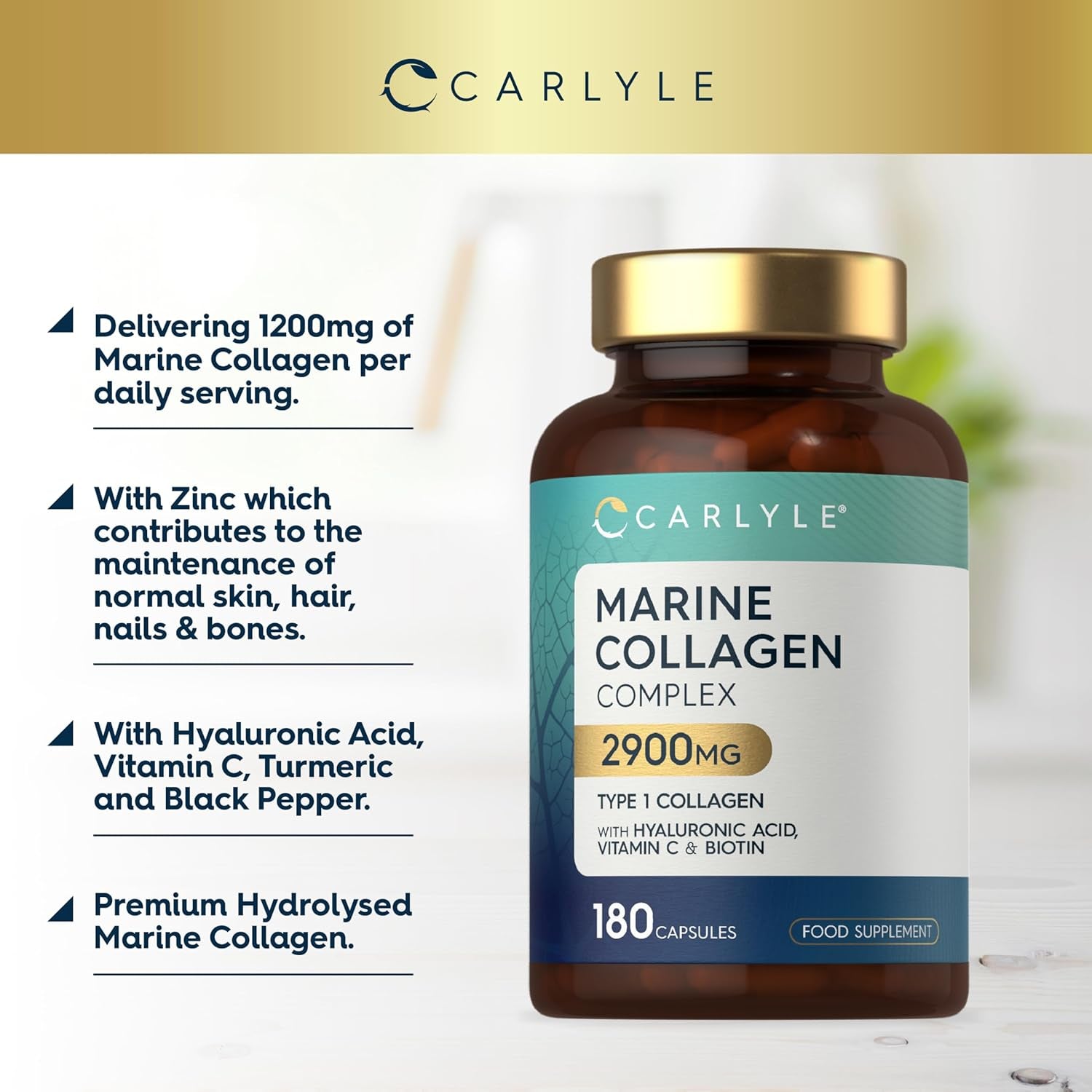 Marine Collagen Capsules 2900Mg with Hyaluronic Acid | Type 1 Hydrolysed Collagen Peptides | with Vitamin C, E, Biotin, Zinc, Turmeric Extract & Black Pepper | 180 Count | by Carlyle