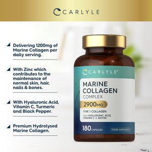 Marine Collagen Capsules 2900Mg with Hyaluronic Acid | Type 1 Hydrolysed Collagen Peptides | with Vitamin C, E, Biotin, Zinc, Turmeric Extract & Black Pepper | 180 Count | by Carlyle