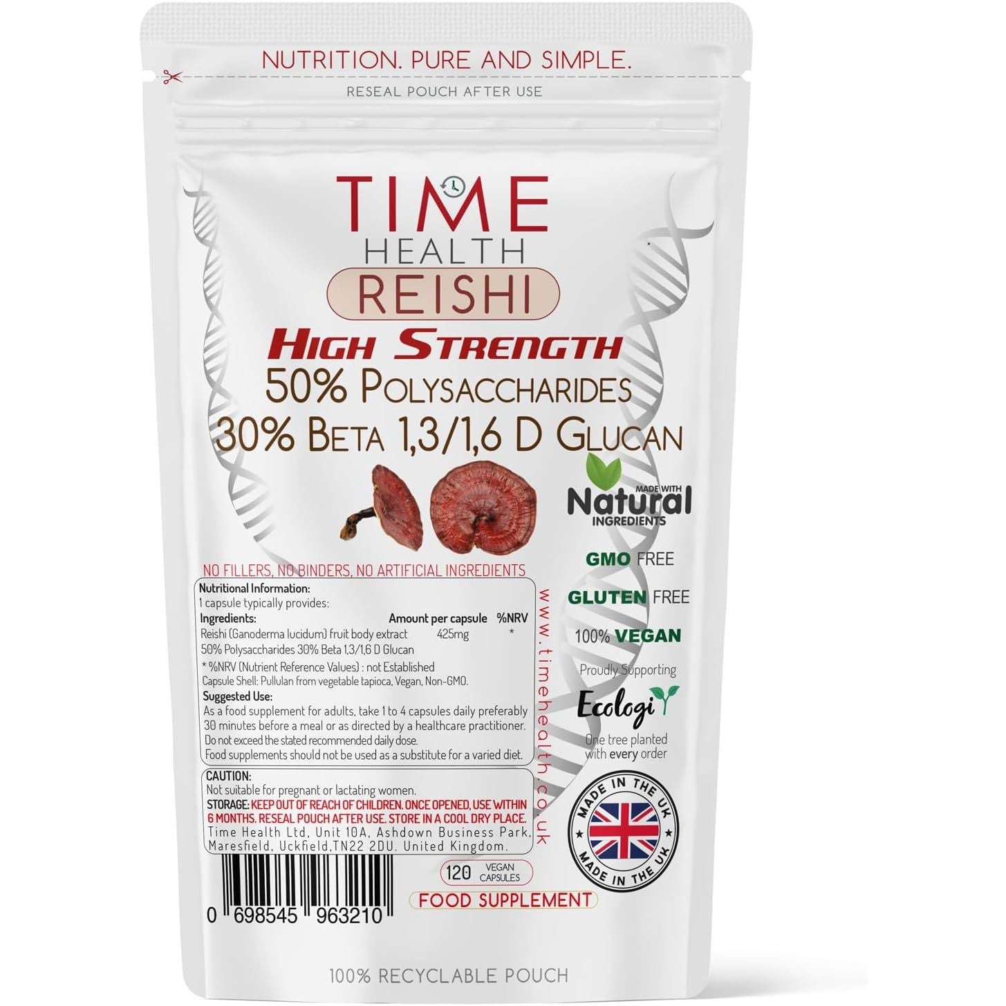 Reishi (Ganoderma Lucidum) - High Strength 50% Polysaccharides / 30% Beta 1,3/1,6 D Glucan - Dual Extracted - UK Manufactured - Zero Additives - Pullulan (120 Capsule Pouch)