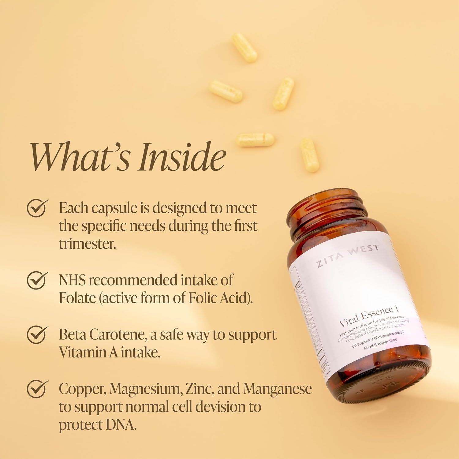 Zita West Vital Essence 1 - Premium First Trimester Pregnancy Vitamin & Mineral Support, Essential for Early Pregnancy - 60 Capsules (1 Month Supply)