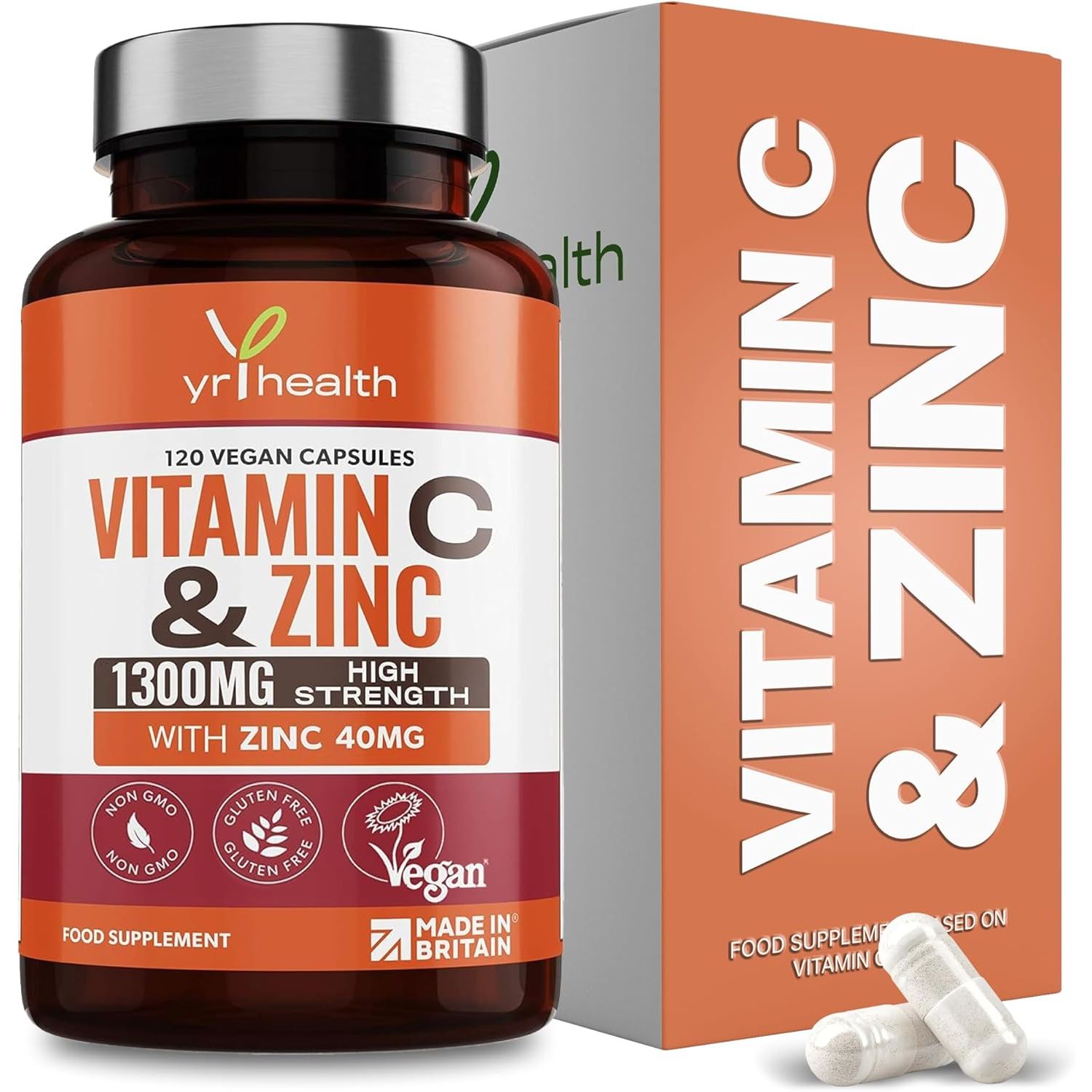 Vitamin C 1300Mg and Zinc 40Mg High Strength - VIT C and Zinc for Maintenance of Normal Immune System - 120 Vegan Capsules Not Tablets - 2 per Daily Serving - Made in the UK by Yrhealth