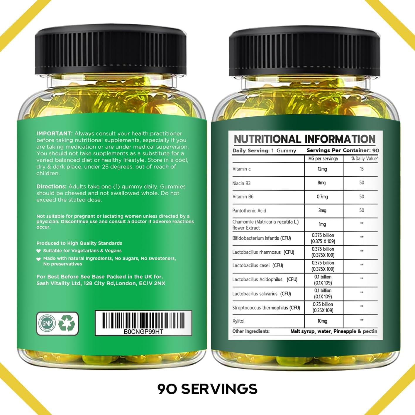Probiotics Gummies for Adults and Kids - 60 Gummies - Vitamin C, B3, B5, B6 - UK Made Sash Vitality - Gut Health - Immune System Support - Digestive Support - Supports Oral Health (Pineapple Flavour)