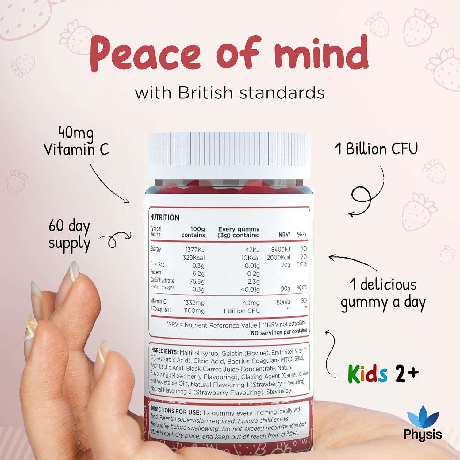 Physis Kids Probiotics Gummies with Vitamin C | 60 Gummies | Probiotics for Children | Chewable Kids Vitamins | Childrens Gut Health | Ages 2+