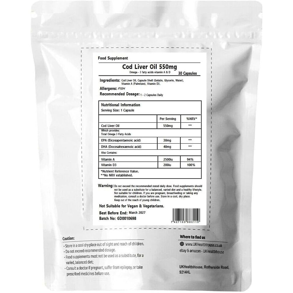 Ukhealthhouse High Strength Cod Liver Oil Vitamin a & D, EPA, DHA Softgels 550Mg (30 Capsules)