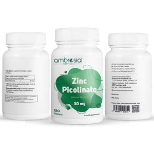 Ambrosial Zinc Picolinate Supplement 30 Mg – High Strength Zinc Tablets for Immune System, Skin, Hair & Nails for Women & Men – Vegan, Non-Gmo, GMP Certified, 120 Tablets (4 Months Supply)
