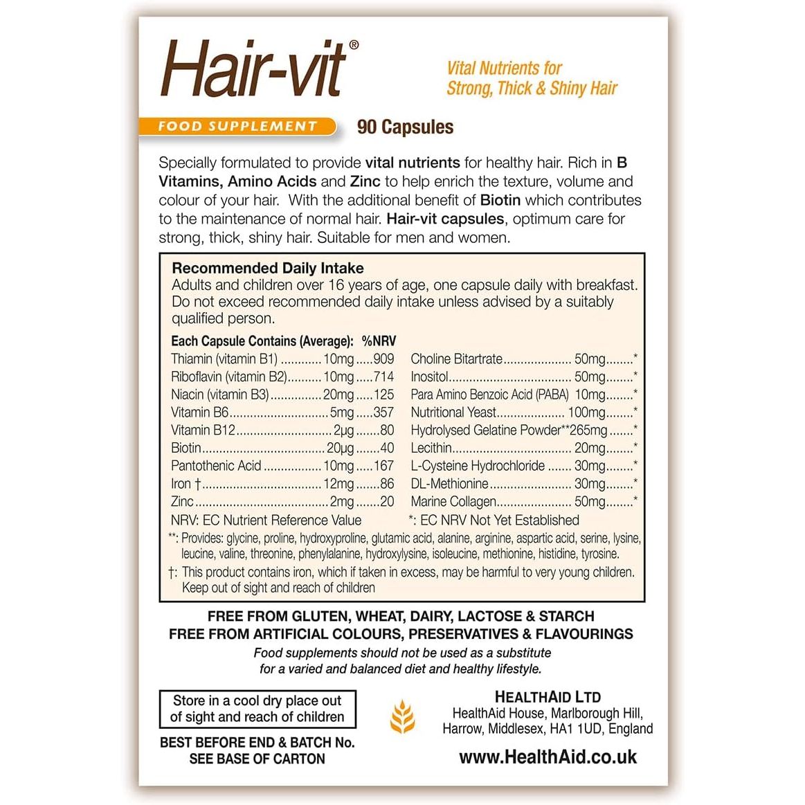Healthaid Hair-Vit Pack of 2 X 90 Capsules (180 Capsules)