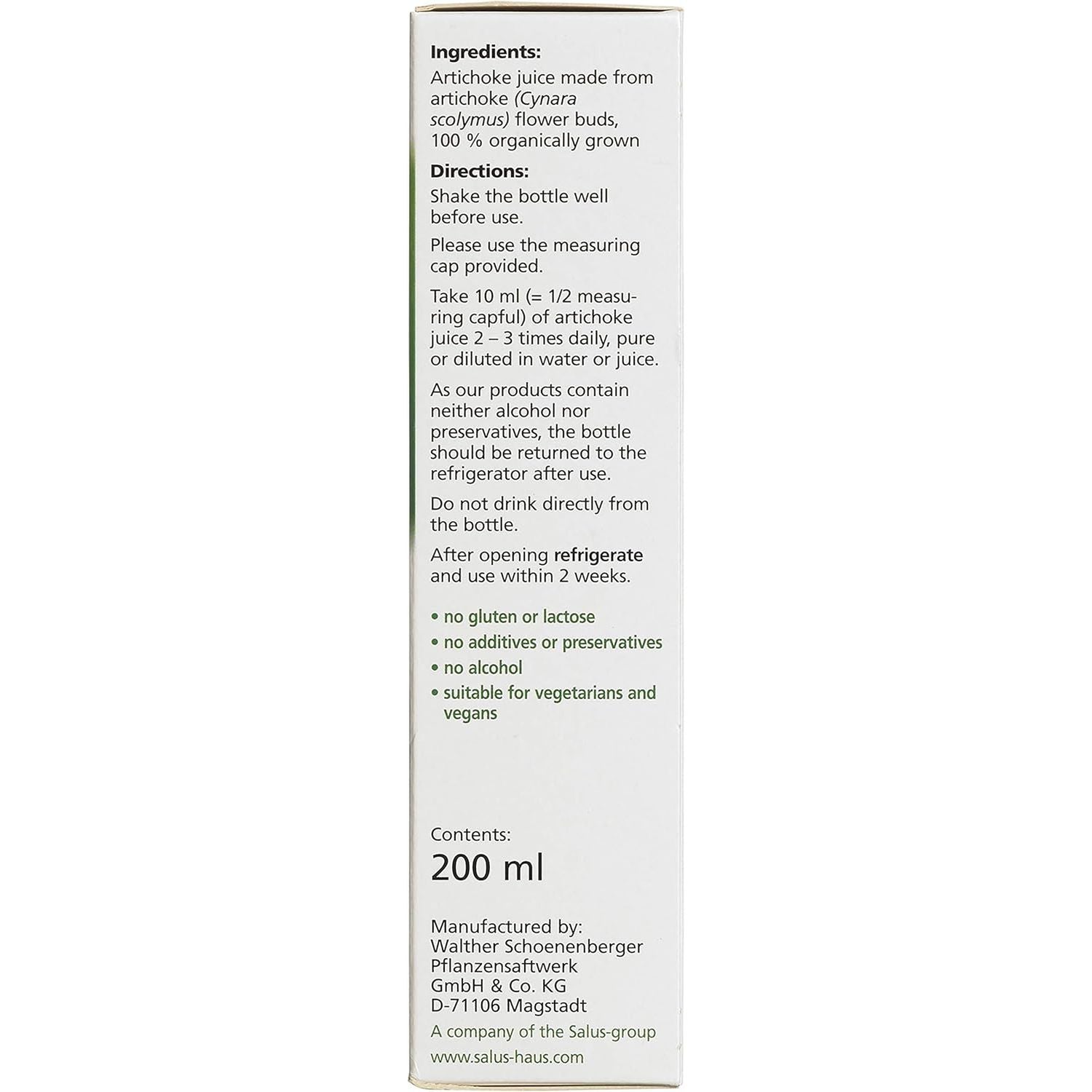 Salus Artichoke Organic 100% Pure Fresh Plant Juice 200 Ml