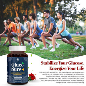 Biovitalia Gluco Sure+ Blood Sugar Control Supplement Capsules with Chromium Picolinate Cinnamon Bitter Gourd Hibiscus for Healthy Blood Sugar Levels Vegan Glucose Support Supplement - 60 Capsules