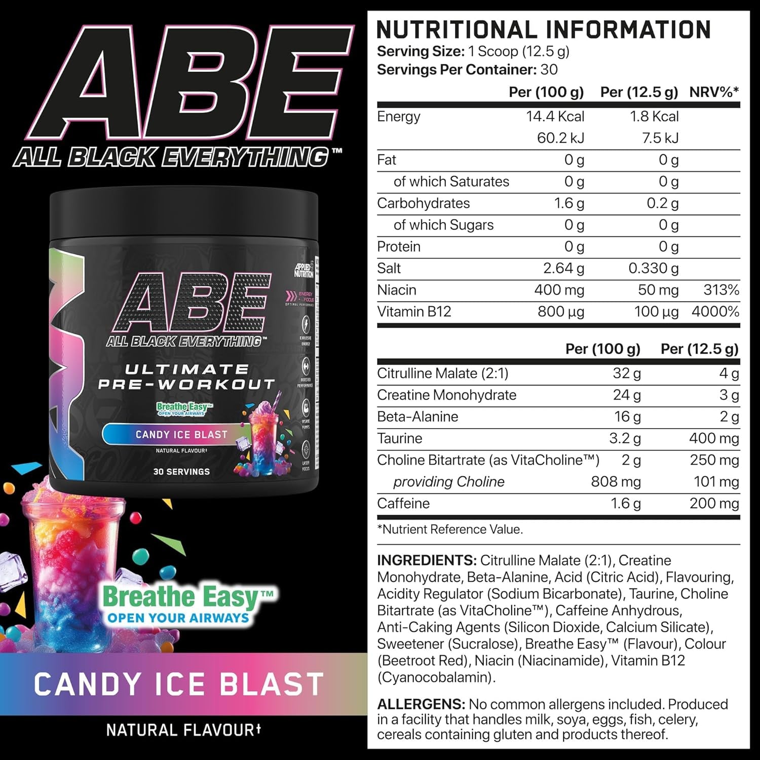 Applied Nutrition ABE Pre Workout - All Black Everything Pre Workout Powder, Energy & Physical Performance with Citrulline, Creatine, Beta Alanine (375G - 30 Servings) (Candy Ice Blast)