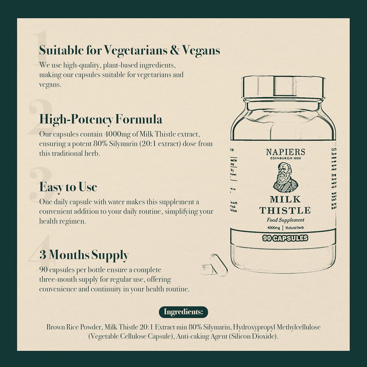 Napiers Milk Thistle High Strength - 4000Mg per Capsule with Concentrated Silymarin 80% - Liver Cleanse & Detox - 90 Vegan Capsules (3 Months Supply)