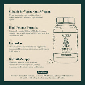 Napiers Milk Thistle High Strength - 4000Mg per Capsule with Concentrated Silymarin 80% - Liver Cleanse & Detox - 90 Vegan Capsules (3 Months Supply)