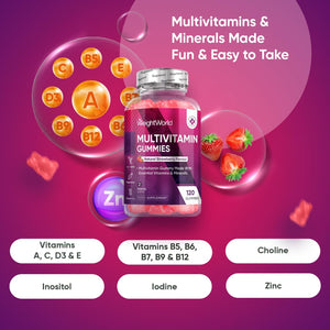 Multivitamin Gummies for Women & Men - 13 Ingredients - 120 Gummies - 2 Months Supply - Natural Strawberry Flavour - Vitamins & Minerals like Vit C, D3, B6, B7, B12 & Zinc - Vitamin Gummies for Adults